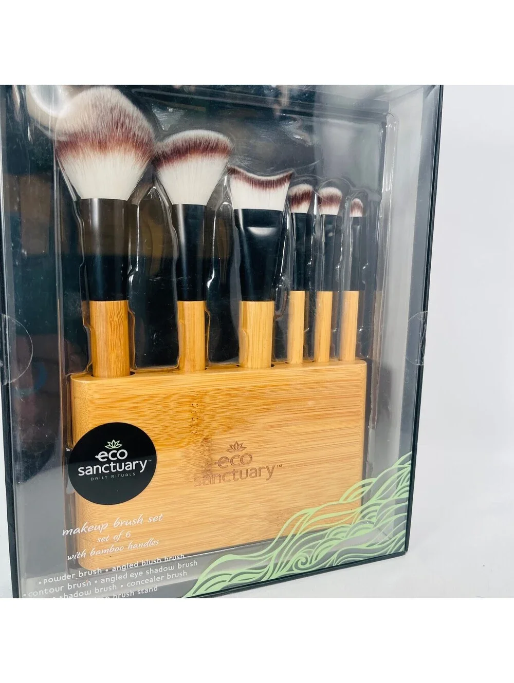 Eco Sanctuary 6 Pc Makeup Brush Set with Bamboo Handles & Wooden Stand New Box